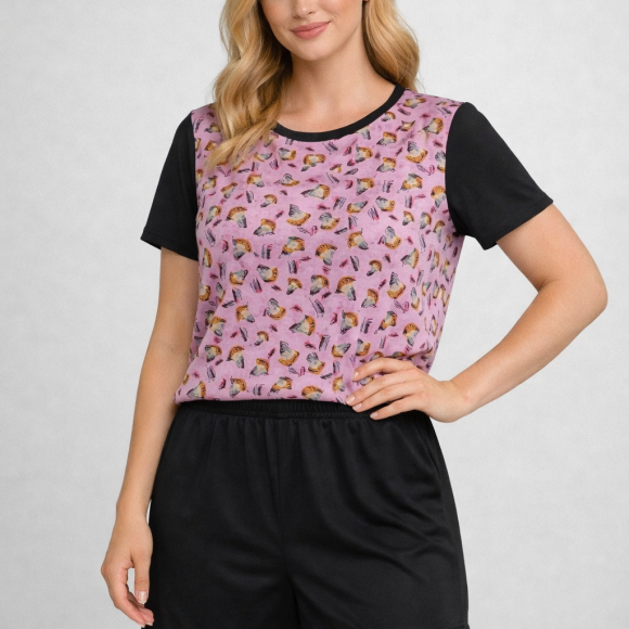 Pijama Manga Curta de Malha Lilás Preto